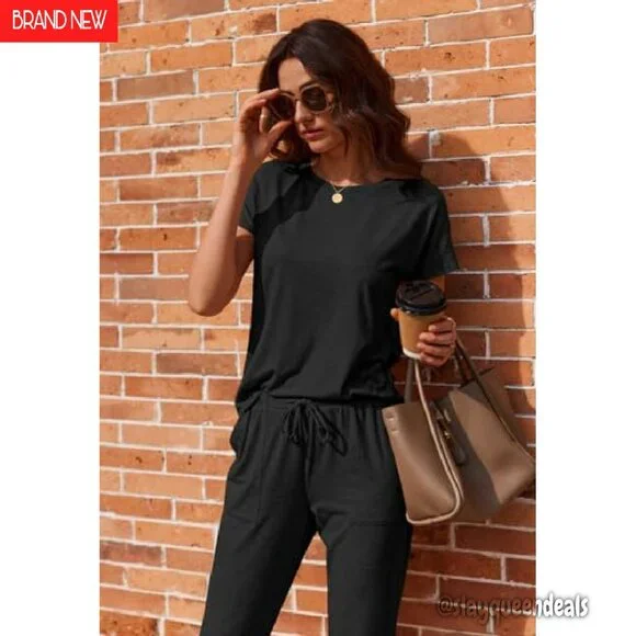 Soft Jogger Pajama Set with Pockets - Short Sleeve Lounge Wear